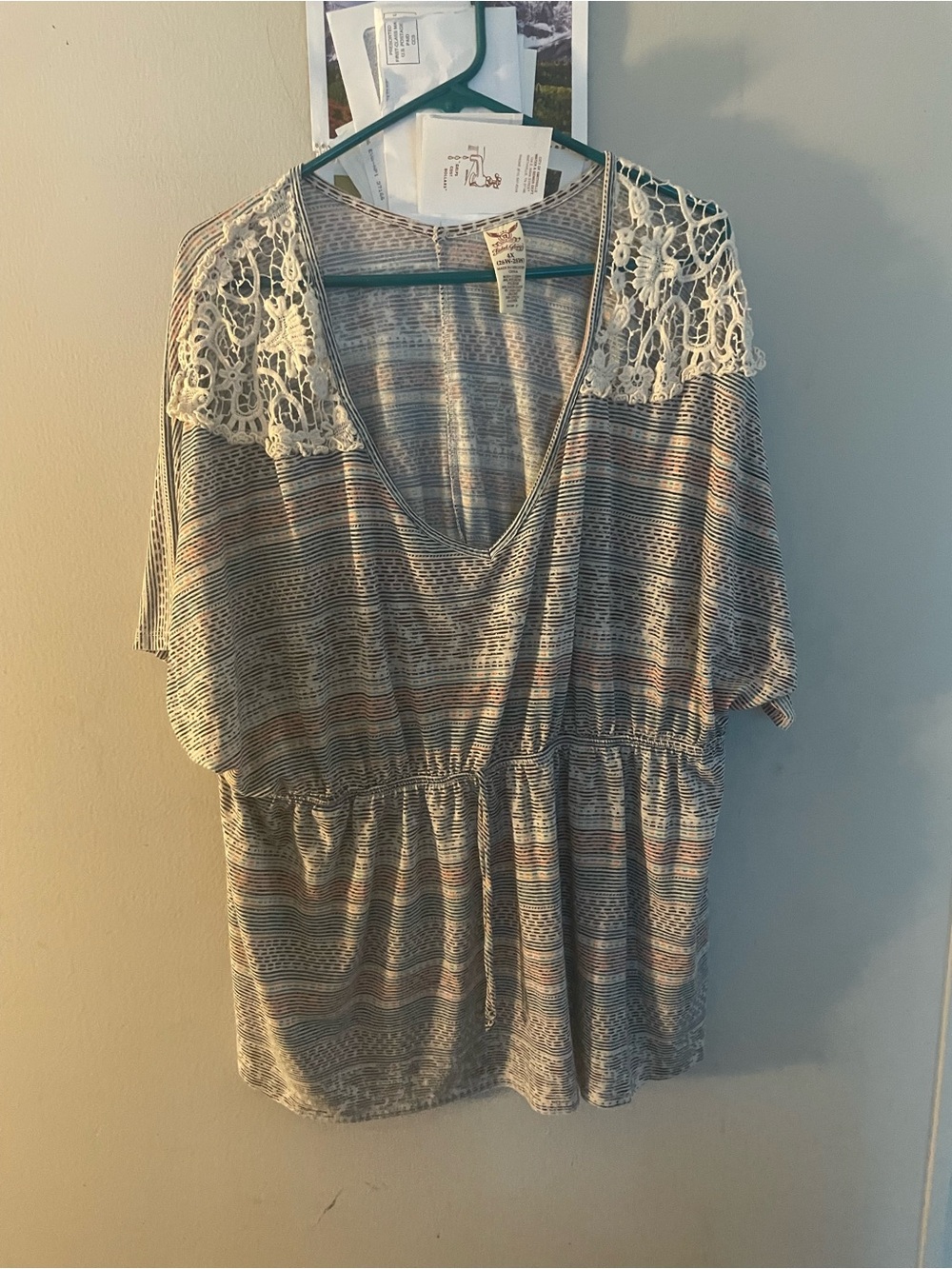 Faded Glory Cream & Gray Striped Lace-Shoulder V-Neck Tunic
